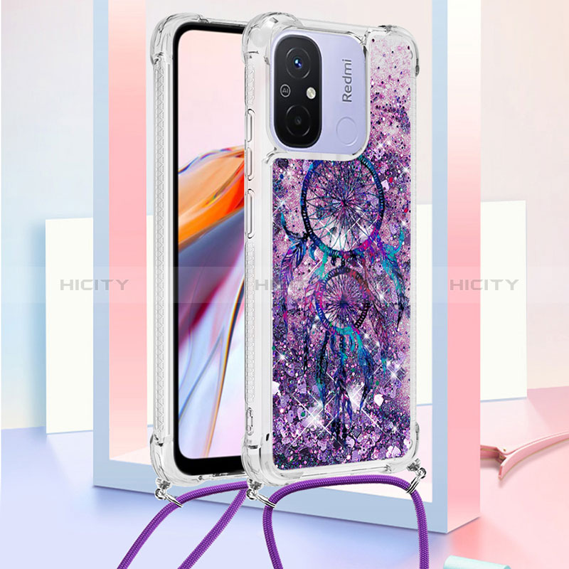 Silikon Hülle Handyhülle Gummi Schutzhülle Flexible Tasche Bling-Bling mit Schlüsselband Lanyard S02 für Xiaomi Redmi 11A 4G Violett