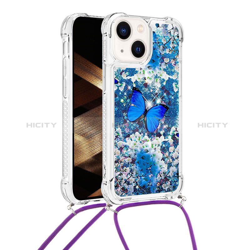 Silikon Hülle Handyhülle Gummi Schutzhülle Flexible Tasche Bling-Bling mit Schlüsselband Lanyard S03 für Apple iPhone 13 Blau