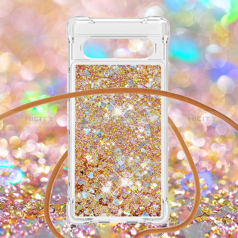 Silikon Hülle Handyhülle Gummi Schutzhülle Flexible Tasche Bling-Bling mit Schlüsselband Lanyard S03 für Google Pixel 7a 5G Gold