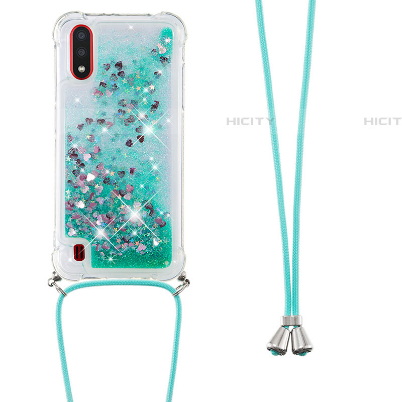 Silikon Hülle Handyhülle Gummi Schutzhülle Flexible Tasche Bling-Bling mit Schlüsselband Lanyard S03 für Samsung Galaxy A01 SM-A015 Grün Plus