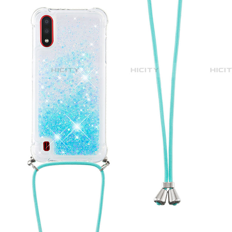 Silikon Hülle Handyhülle Gummi Schutzhülle Flexible Tasche Bling-Bling mit Schlüsselband Lanyard S03 für Samsung Galaxy A01 SM-A015 Hellblau