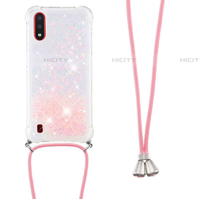 Silikon Hülle Handyhülle Gummi Schutzhülle Flexible Tasche Bling-Bling mit Schlüsselband Lanyard S03 für Samsung Galaxy A01 SM-A015 Rosa Plus