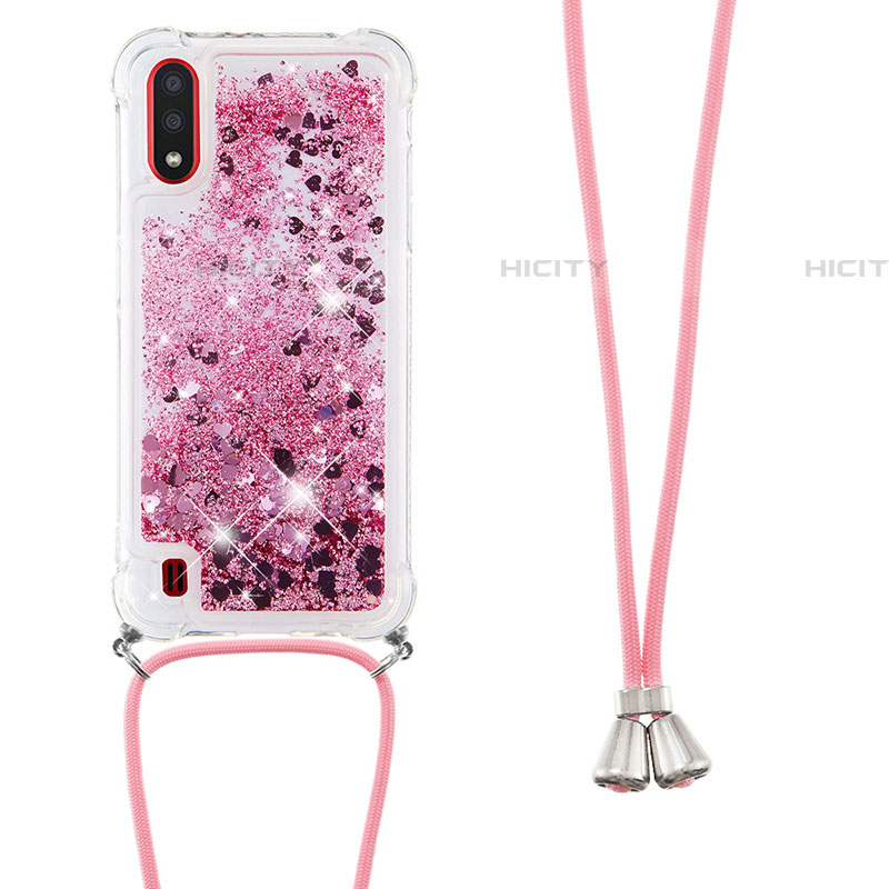 Silikon Hülle Handyhülle Gummi Schutzhülle Flexible Tasche Bling-Bling mit Schlüsselband Lanyard S03 für Samsung Galaxy A01 SM-A015 Rot