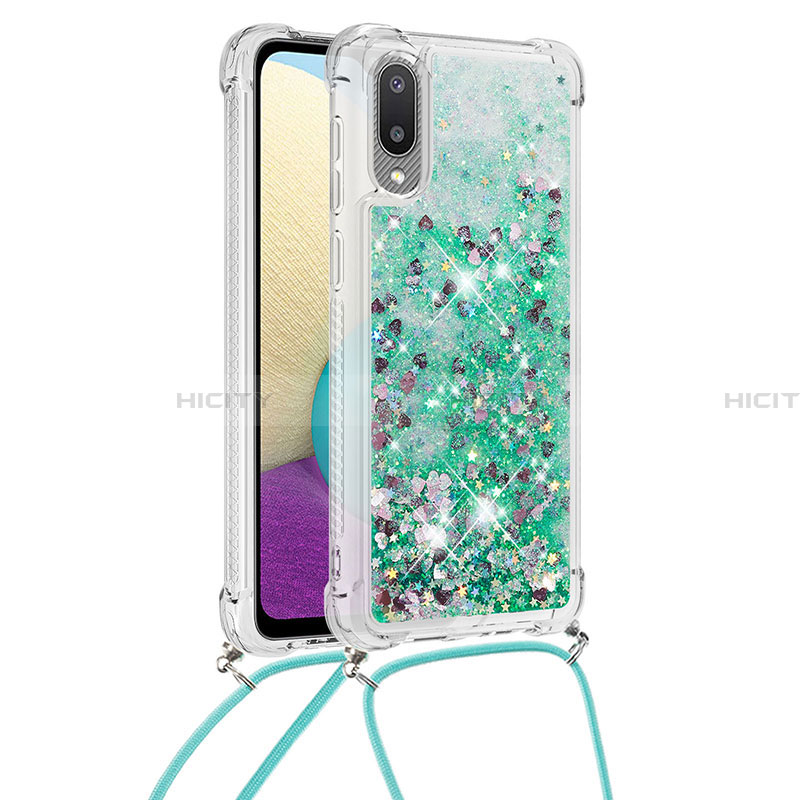 Silikon Hülle Handyhülle Gummi Schutzhülle Flexible Tasche Bling-Bling mit Schlüsselband Lanyard S03 für Samsung Galaxy A02 Grün