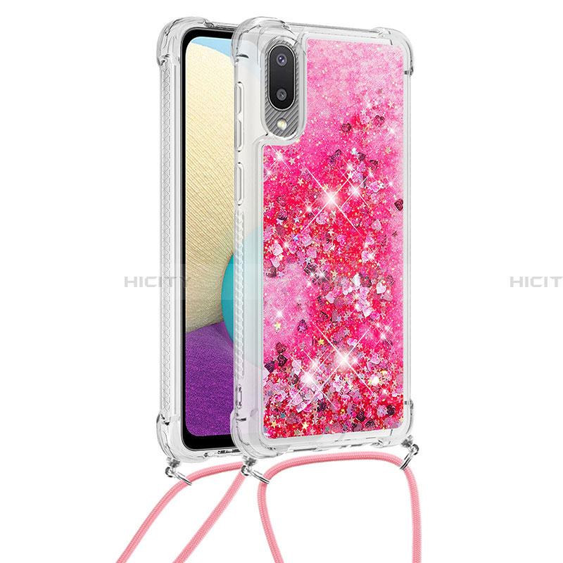 Silikon Hülle Handyhülle Gummi Schutzhülle Flexible Tasche Bling-Bling mit Schlüsselband Lanyard S03 für Samsung Galaxy A02 Pink Plus