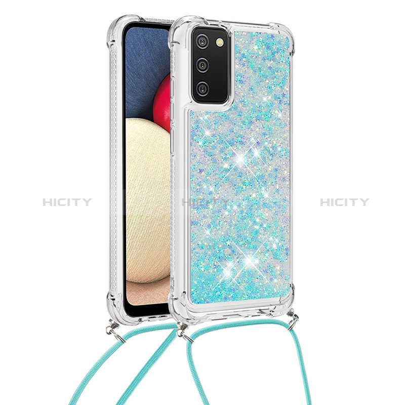 Silikon Hülle Handyhülle Gummi Schutzhülle Flexible Tasche Bling-Bling mit Schlüsselband Lanyard S03 für Samsung Galaxy A02s Hellblau