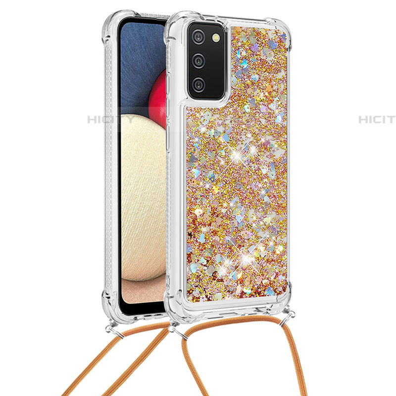 Silikon Hülle Handyhülle Gummi Schutzhülle Flexible Tasche Bling-Bling mit Schlüsselband Lanyard S03 für Samsung Galaxy A03s Gold