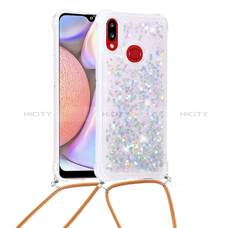 Silikon Hülle Handyhülle Gummi Schutzhülle Flexible Tasche Bling-Bling mit Schlüsselband Lanyard S03 für Samsung Galaxy A10s Silber Plus