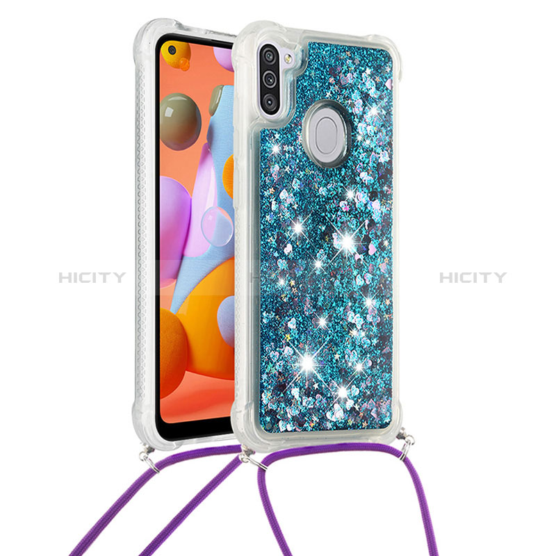 Silikon Hülle Handyhülle Gummi Schutzhülle Flexible Tasche Bling-Bling mit Schlüsselband Lanyard S03 für Samsung Galaxy A11 Blau Plus