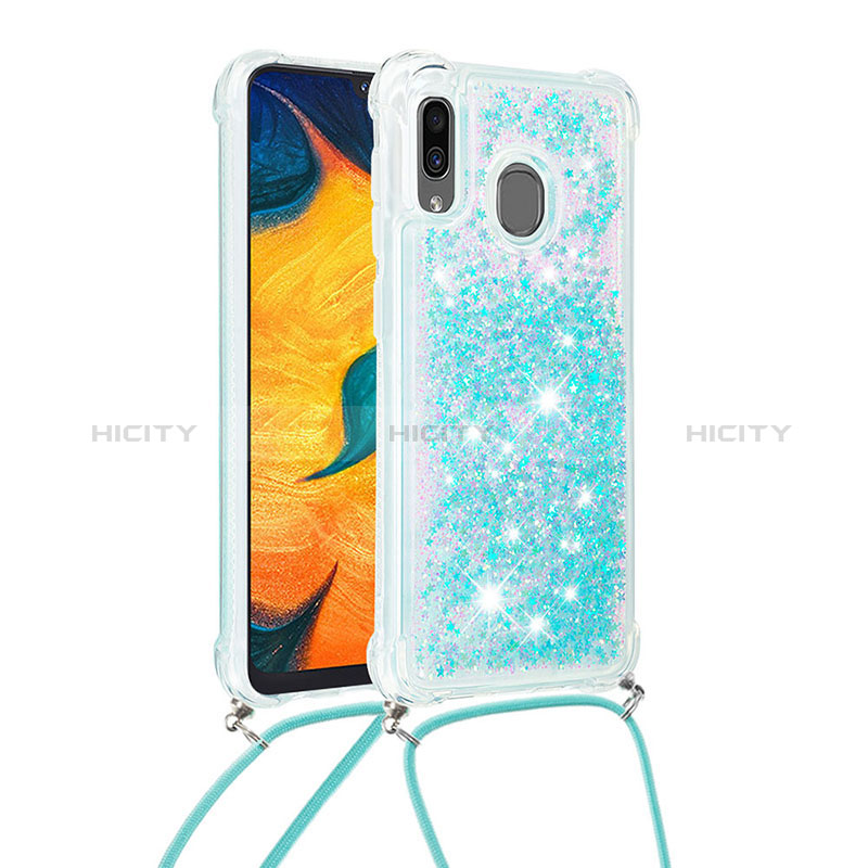 Silikon Hülle Handyhülle Gummi Schutzhülle Flexible Tasche Bling-Bling mit Schlüsselband Lanyard S03 für Samsung Galaxy A20 Hellblau