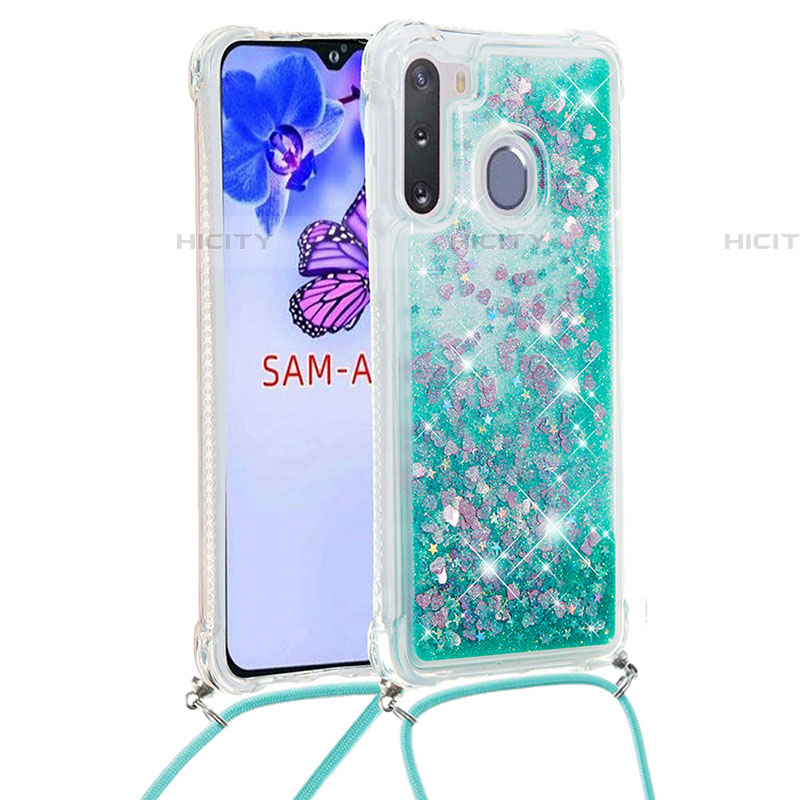 Silikon Hülle Handyhülle Gummi Schutzhülle Flexible Tasche Bling-Bling mit Schlüsselband Lanyard S03 für Samsung Galaxy A21 European groß