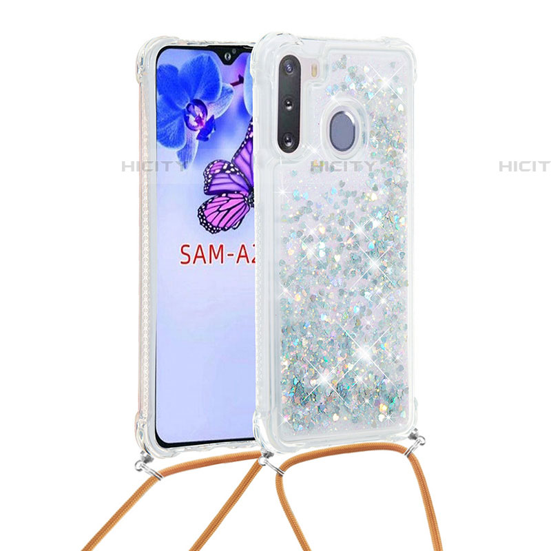 Silikon Hülle Handyhülle Gummi Schutzhülle Flexible Tasche Bling-Bling mit Schlüsselband Lanyard S03 für Samsung Galaxy A21 European