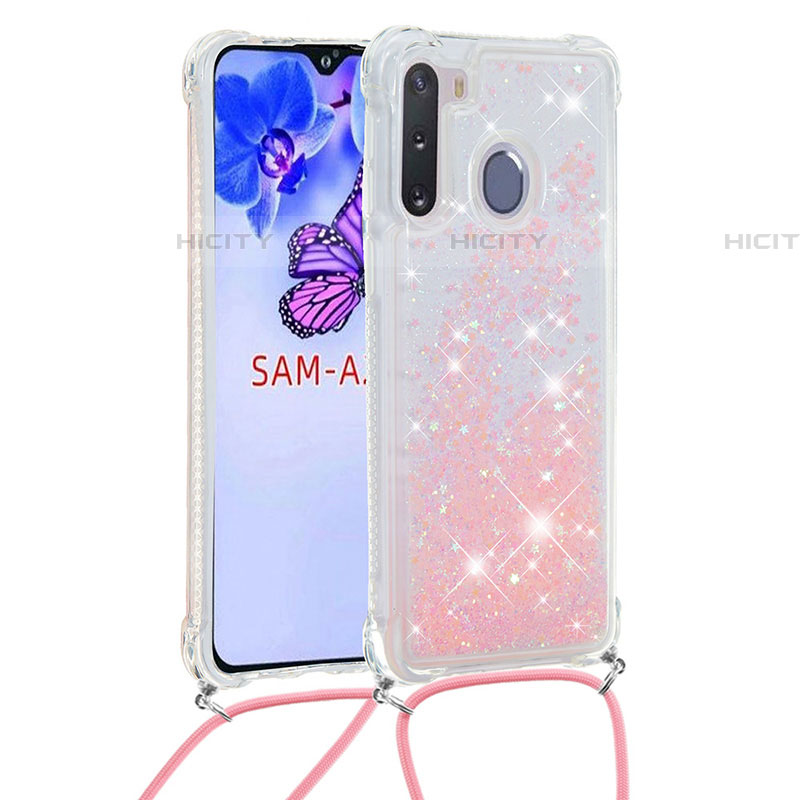 Silikon Hülle Handyhülle Gummi Schutzhülle Flexible Tasche Bling-Bling mit Schlüsselband Lanyard S03 für Samsung Galaxy A21 European