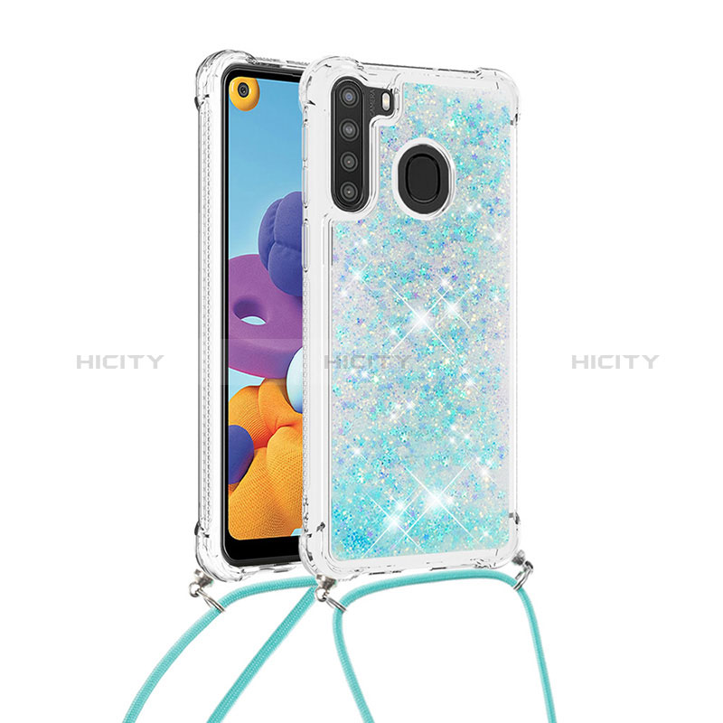 Silikon Hülle Handyhülle Gummi Schutzhülle Flexible Tasche Bling-Bling mit Schlüsselband Lanyard S03 für Samsung Galaxy A21 Hellblau Plus