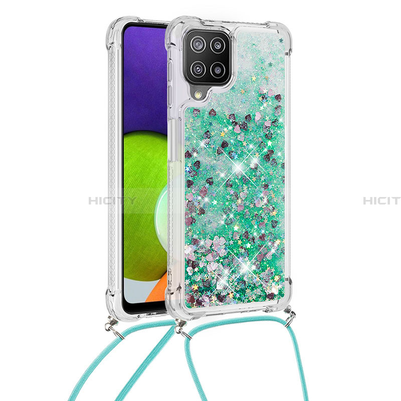 Silikon Hülle Handyhülle Gummi Schutzhülle Flexible Tasche Bling-Bling mit Schlüsselband Lanyard S03 für Samsung Galaxy A22 4G Grün Plus