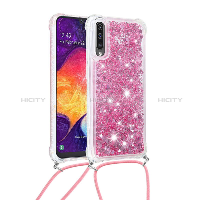 Silikon Hülle Handyhülle Gummi Schutzhülle Flexible Tasche Bling-Bling mit Schlüsselband Lanyard S03 für Samsung Galaxy A30S Rot