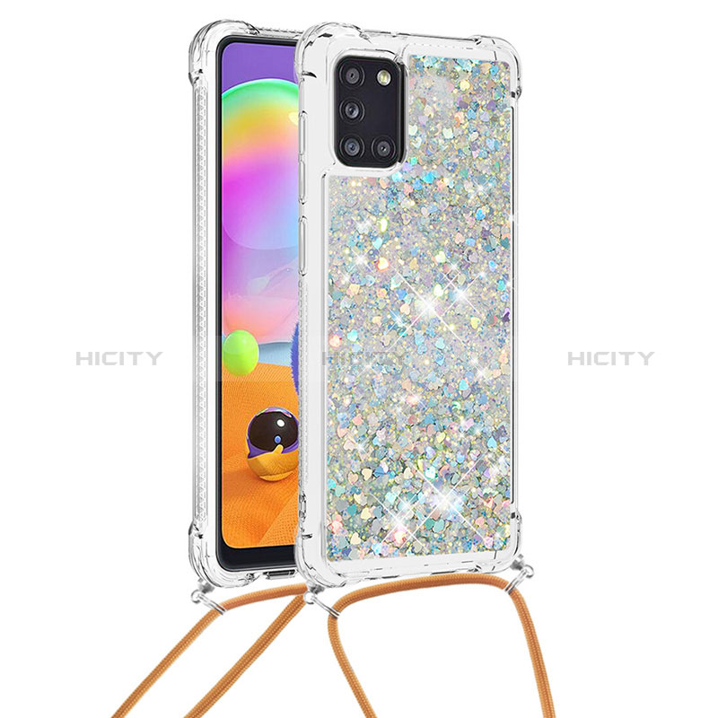 Silikon Hülle Handyhülle Gummi Schutzhülle Flexible Tasche Bling-Bling mit Schlüsselband Lanyard S03 für Samsung Galaxy A31 Silber