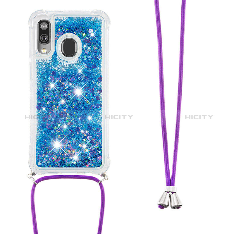 Silikon Hülle Handyhülle Gummi Schutzhülle Flexible Tasche Bling-Bling mit Schlüsselband Lanyard S03 für Samsung Galaxy A40 Blau