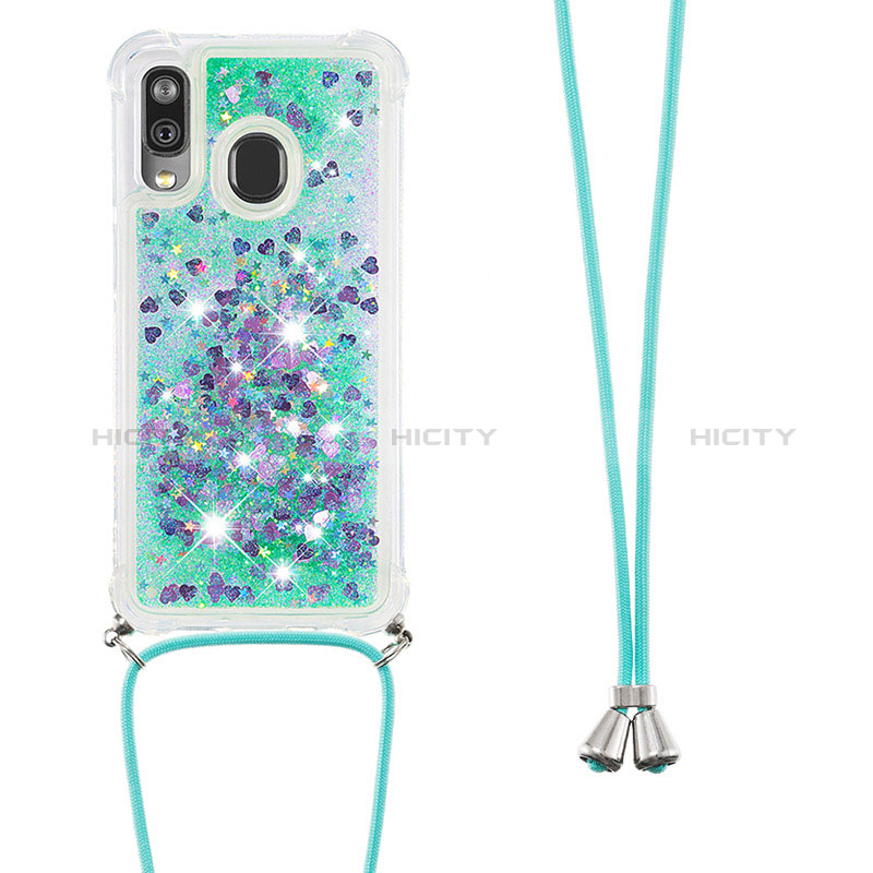 Silikon Hülle Handyhülle Gummi Schutzhülle Flexible Tasche Bling-Bling mit Schlüsselband Lanyard S03 für Samsung Galaxy A40 Grün