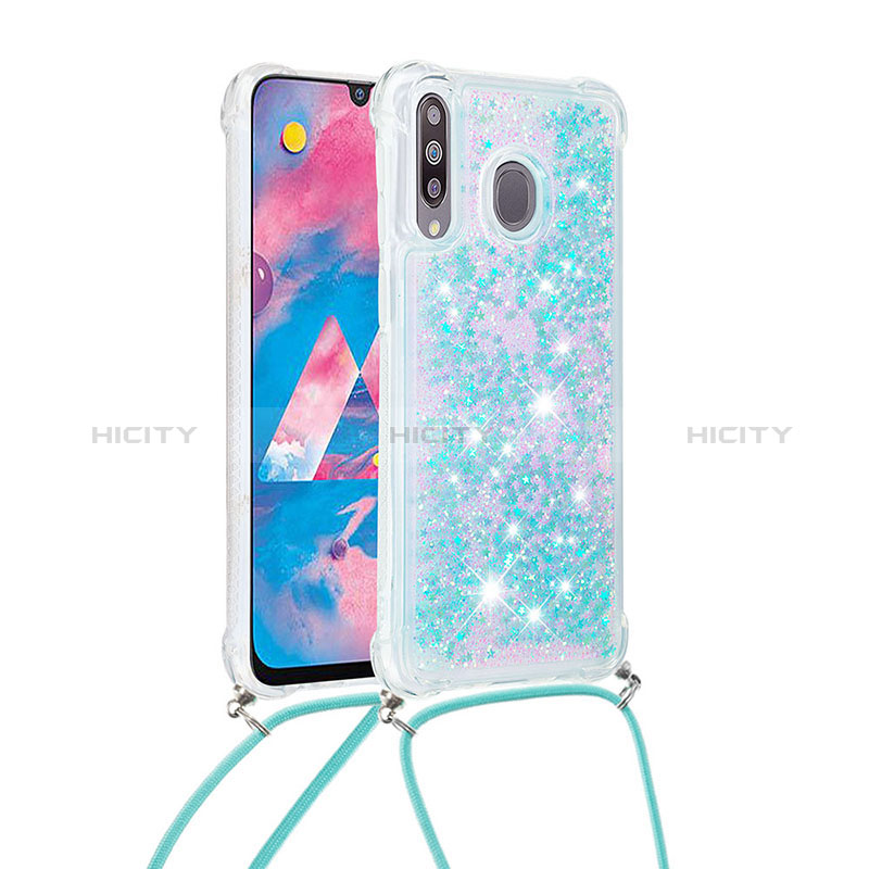 Silikon Hülle Handyhülle Gummi Schutzhülle Flexible Tasche Bling-Bling mit Schlüsselband Lanyard S03 für Samsung Galaxy A40s Hellblau