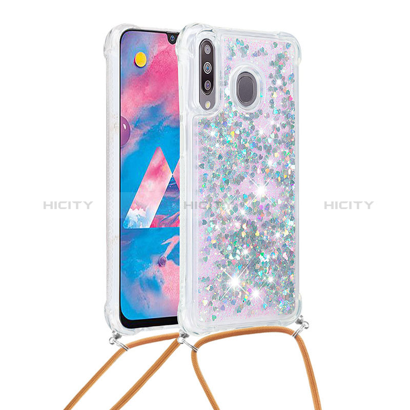 Silikon Hülle Handyhülle Gummi Schutzhülle Flexible Tasche Bling-Bling mit Schlüsselband Lanyard S03 für Samsung Galaxy A40s Silber