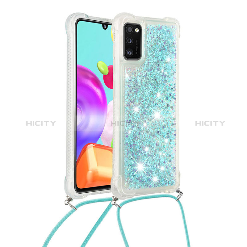 Silikon Hülle Handyhülle Gummi Schutzhülle Flexible Tasche Bling-Bling mit Schlüsselband Lanyard S03 für Samsung Galaxy A41 Hellblau