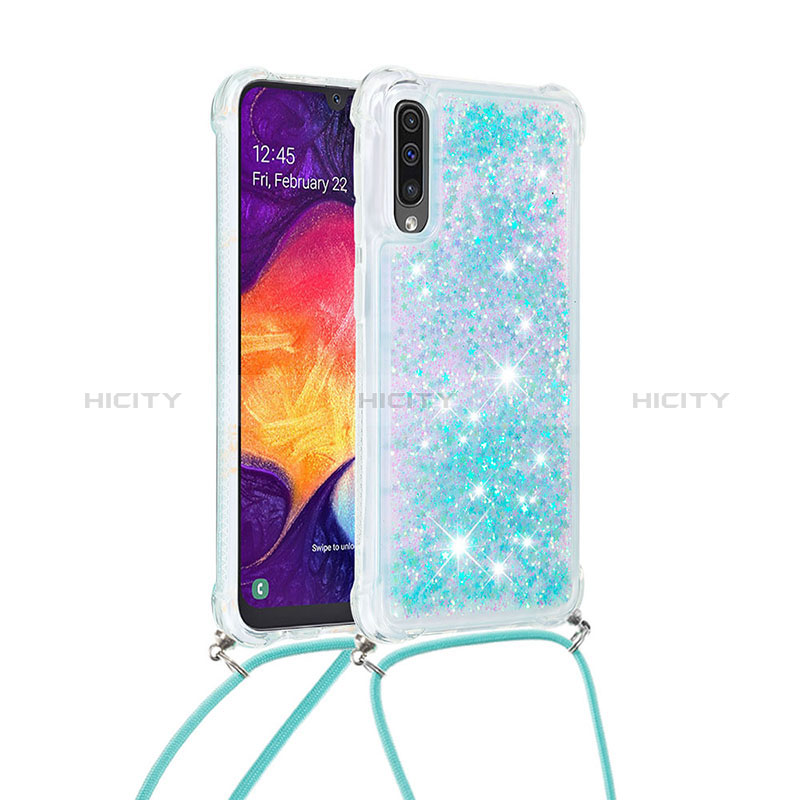 Silikon Hülle Handyhülle Gummi Schutzhülle Flexible Tasche Bling-Bling mit Schlüsselband Lanyard S03 für Samsung Galaxy A50 Hellblau