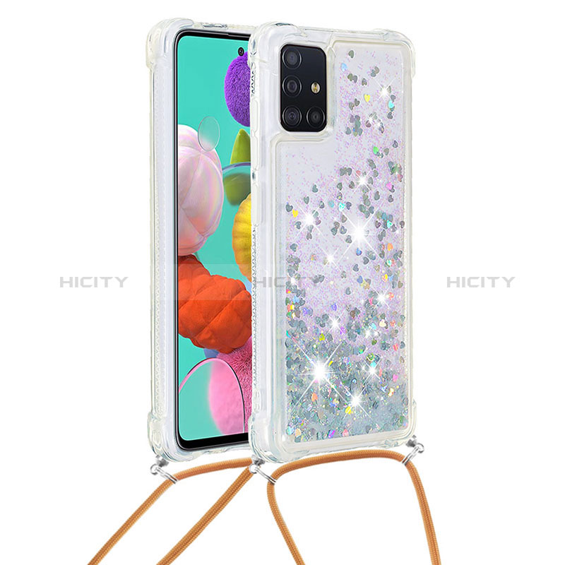 Silikon Hülle Handyhülle Gummi Schutzhülle Flexible Tasche Bling-Bling mit Schlüsselband Lanyard S03 für Samsung Galaxy A51 4G Silber