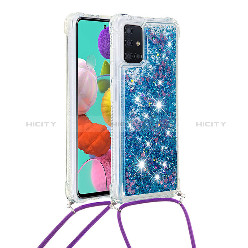 Silikon Hülle Handyhülle Gummi Schutzhülle Flexible Tasche Bling-Bling mit Schlüsselband Lanyard S03 für Samsung Galaxy A51 5G Blau