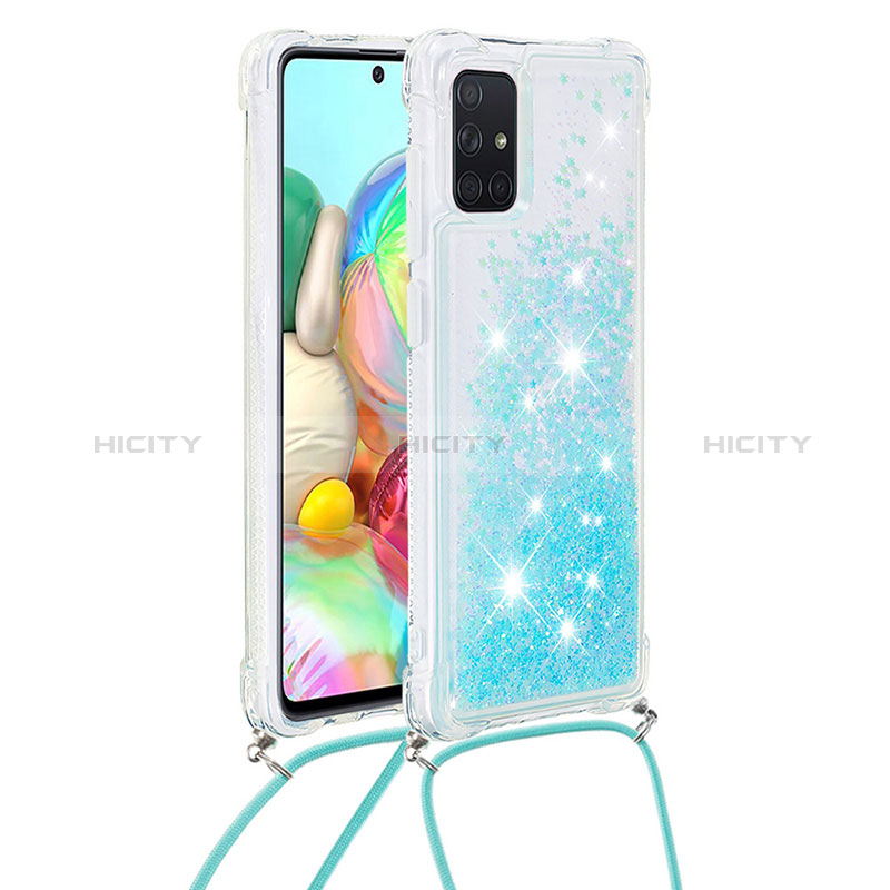 Silikon Hülle Handyhülle Gummi Schutzhülle Flexible Tasche Bling-Bling mit Schlüsselband Lanyard S03 für Samsung Galaxy A71 4G A715 Hellblau