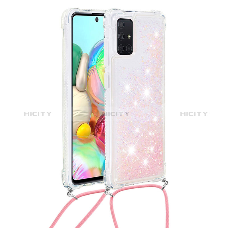 Silikon Hülle Handyhülle Gummi Schutzhülle Flexible Tasche Bling-Bling mit Schlüsselband Lanyard S03 für Samsung Galaxy A71 4G A715 Rosa Plus