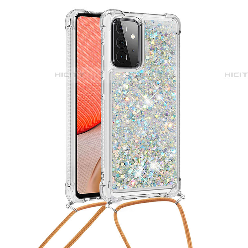 Silikon Hülle Handyhülle Gummi Schutzhülle Flexible Tasche Bling-Bling mit Schlüsselband Lanyard S03 für Samsung Galaxy A72 4G Silber Plus