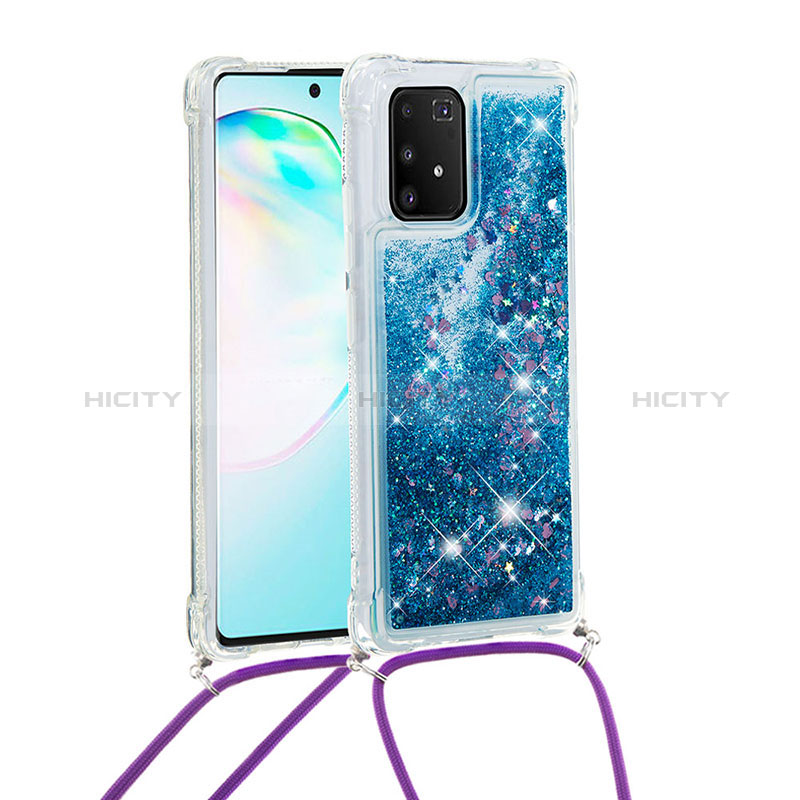 Silikon Hülle Handyhülle Gummi Schutzhülle Flexible Tasche Bling-Bling mit Schlüsselband Lanyard S03 für Samsung Galaxy A91 Blau