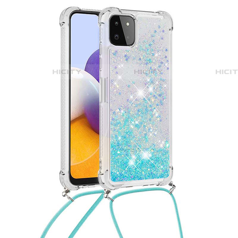 Silikon Hülle Handyhülle Gummi Schutzhülle Flexible Tasche Bling-Bling mit Schlüsselband Lanyard S03 für Samsung Galaxy F42 5G Hellblau