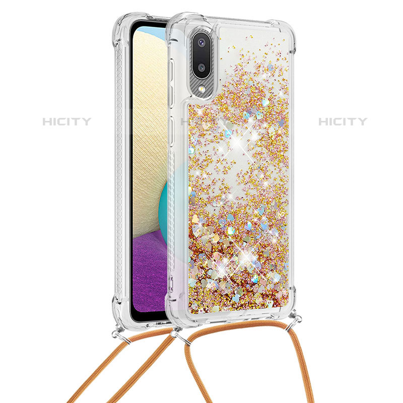 Silikon Hülle Handyhülle Gummi Schutzhülle Flexible Tasche Bling-Bling mit Schlüsselband Lanyard S03 für Samsung Galaxy M02 Gold