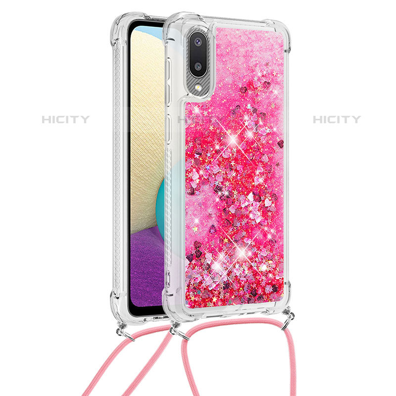 Silikon Hülle Handyhülle Gummi Schutzhülle Flexible Tasche Bling-Bling mit Schlüsselband Lanyard S03 für Samsung Galaxy M02 Pink