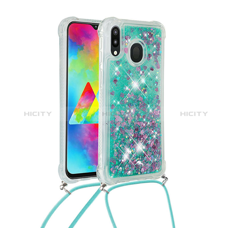 Silikon Hülle Handyhülle Gummi Schutzhülle Flexible Tasche Bling-Bling mit Schlüsselband Lanyard S03 für Samsung Galaxy M20 Grün