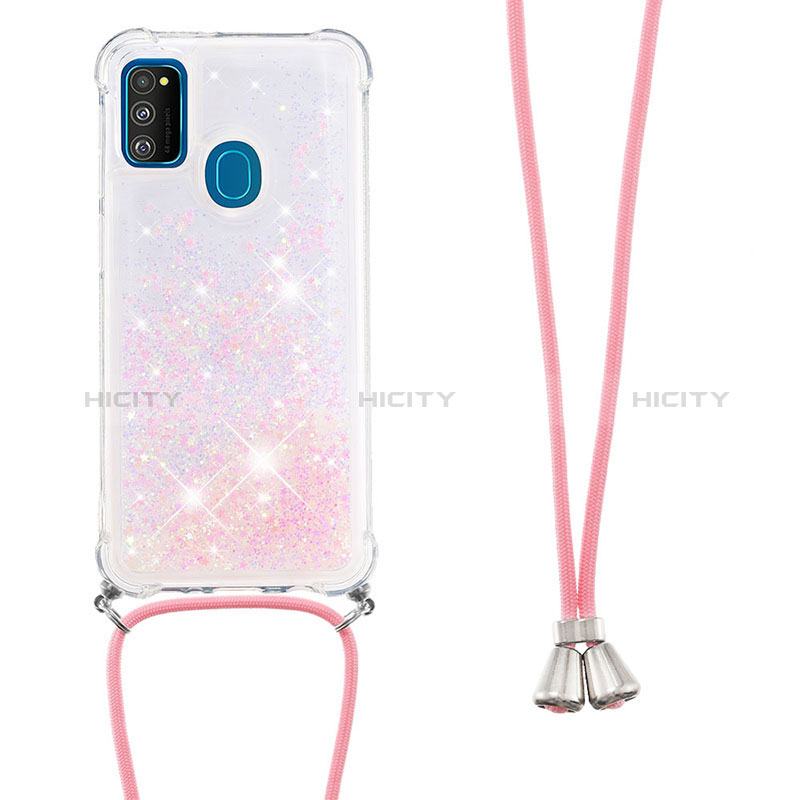 Silikon Hülle Handyhülle Gummi Schutzhülle Flexible Tasche Bling-Bling mit Schlüsselband Lanyard S03 für Samsung Galaxy M21 Rosa