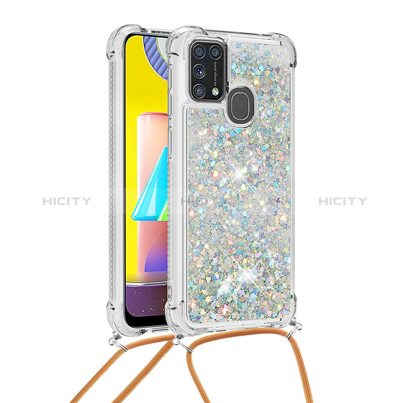 Silikon Hülle Handyhülle Gummi Schutzhülle Flexible Tasche Bling-Bling mit Schlüsselband Lanyard S03 für Samsung Galaxy M21s Silber Plus