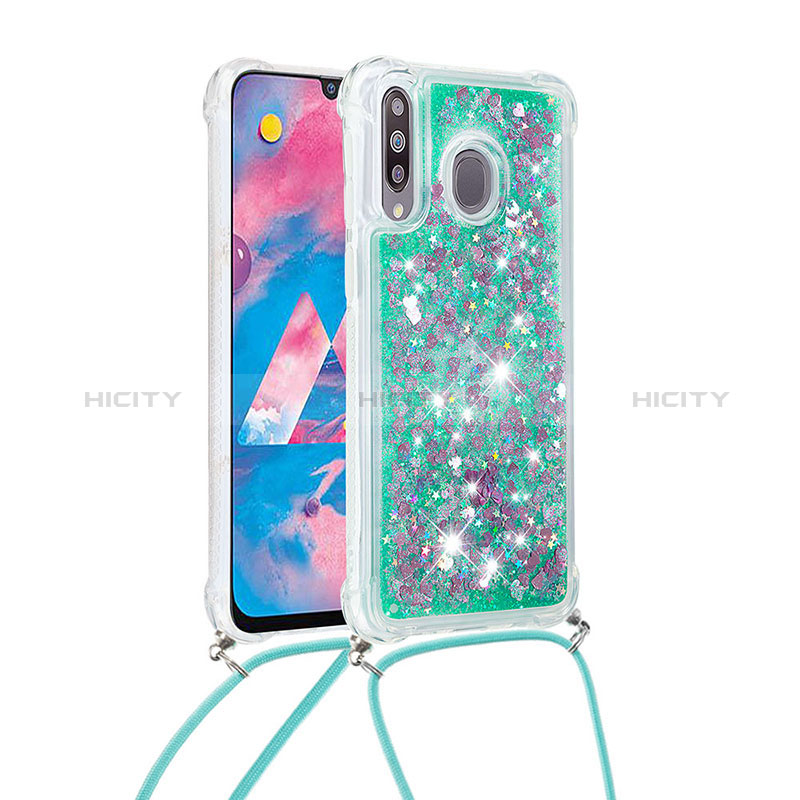 Silikon Hülle Handyhülle Gummi Schutzhülle Flexible Tasche Bling-Bling mit Schlüsselband Lanyard S03 für Samsung Galaxy M30 Grün