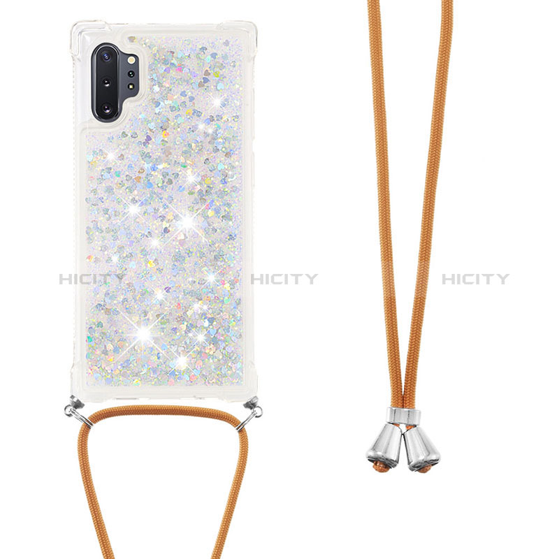 Silikon Hülle Handyhülle Gummi Schutzhülle Flexible Tasche Bling-Bling mit Schlüsselband Lanyard S03 für Samsung Galaxy Note 10 Plus 5G Silber