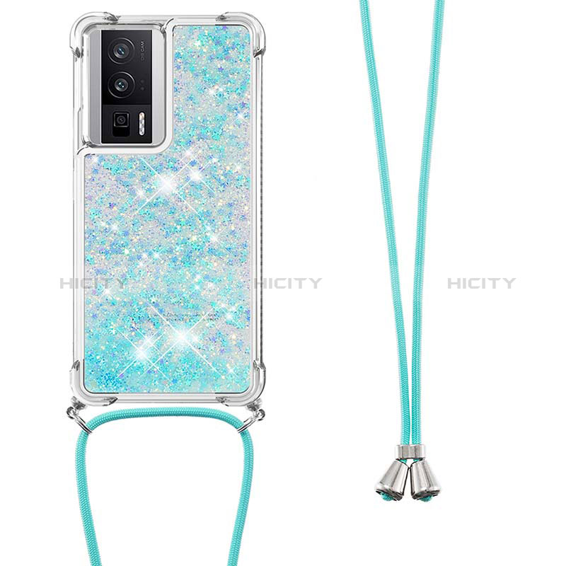 Silikon Hülle Handyhülle Gummi Schutzhülle Flexible Tasche Bling-Bling mit Schlüsselband Lanyard S03 für Xiaomi Poco F5 Pro 5G Hellblau