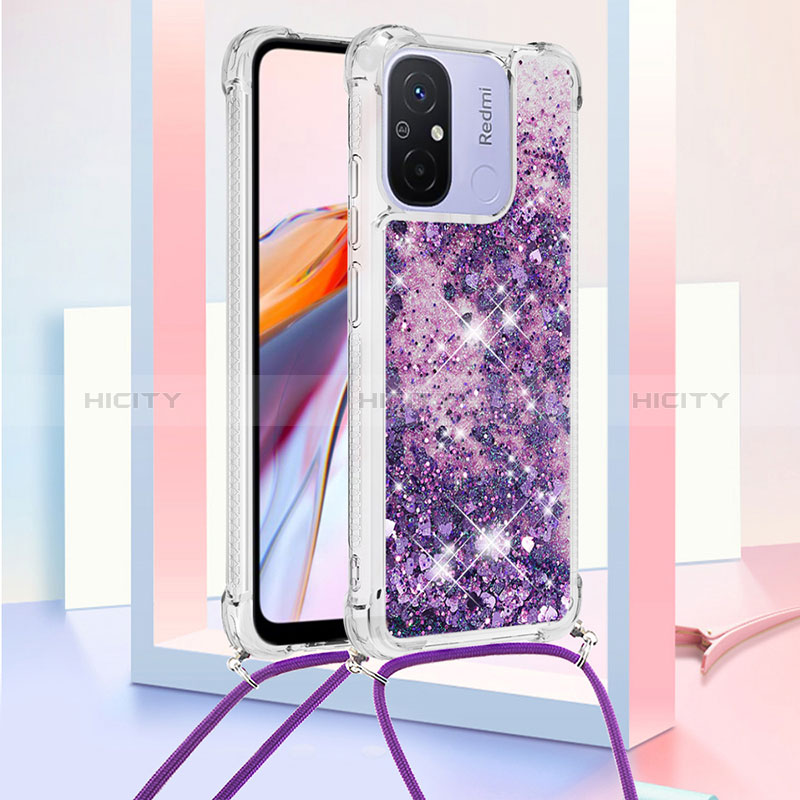 Silikon Hülle Handyhülle Gummi Schutzhülle Flexible Tasche Bling-Bling mit Schlüsselband Lanyard S03 für Xiaomi Redmi 12C 4G Violett Plus