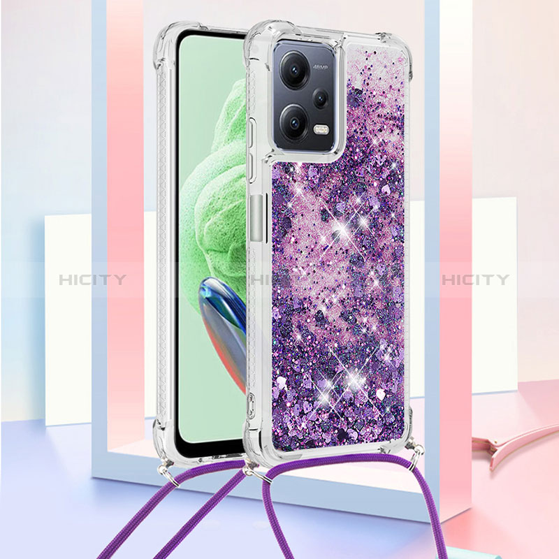 Silikon Hülle Handyhülle Gummi Schutzhülle Flexible Tasche Bling-Bling mit Schlüsselband Lanyard S03 für Xiaomi Redmi Note 12 5G Violett Plus