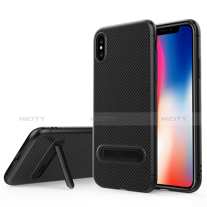 Silikon Hülle Handyhülle Gummi Schutzhülle Köper mit Ständer für Apple iPhone Xs Max Schwarz