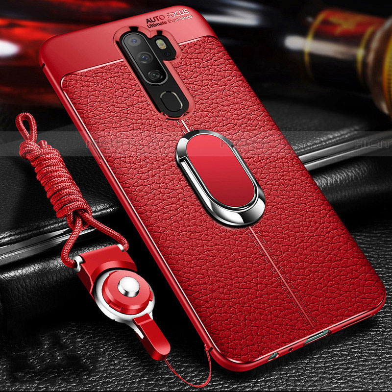 Silikon Hülle Handyhülle Gummi Schutzhülle Leder Tasche mit Magnetisch Fingerring Ständer für Oppo A11X Rot