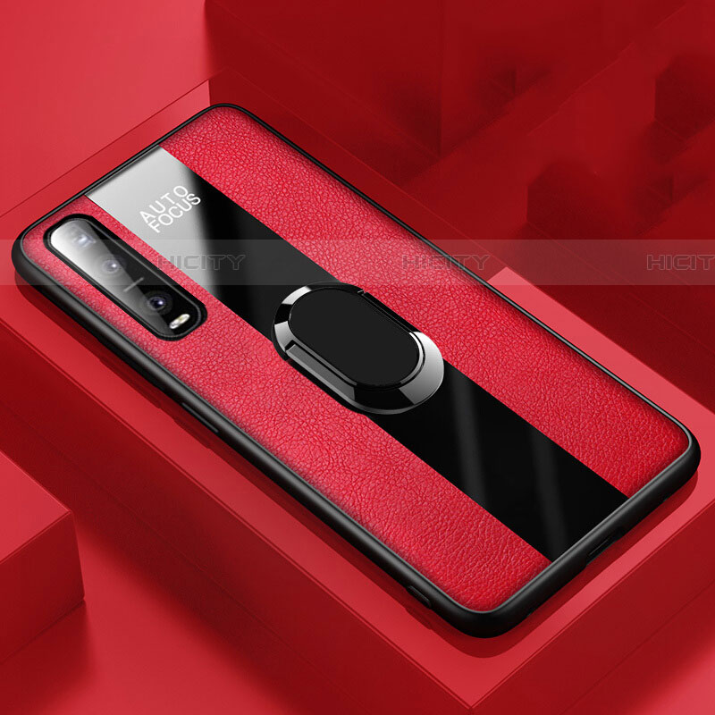 Silikon Hülle Handyhülle Gummi Schutzhülle Leder Tasche mit Magnetisch Fingerring Ständer für Oppo Find X2 Pro Rot Plus