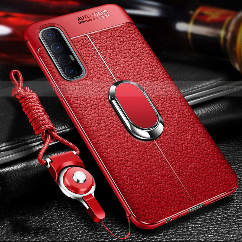 Silikon Hülle Handyhülle Gummi Schutzhülle Leder Tasche mit Magnetisch Fingerring Ständer für Oppo Reno3 Pro Rot