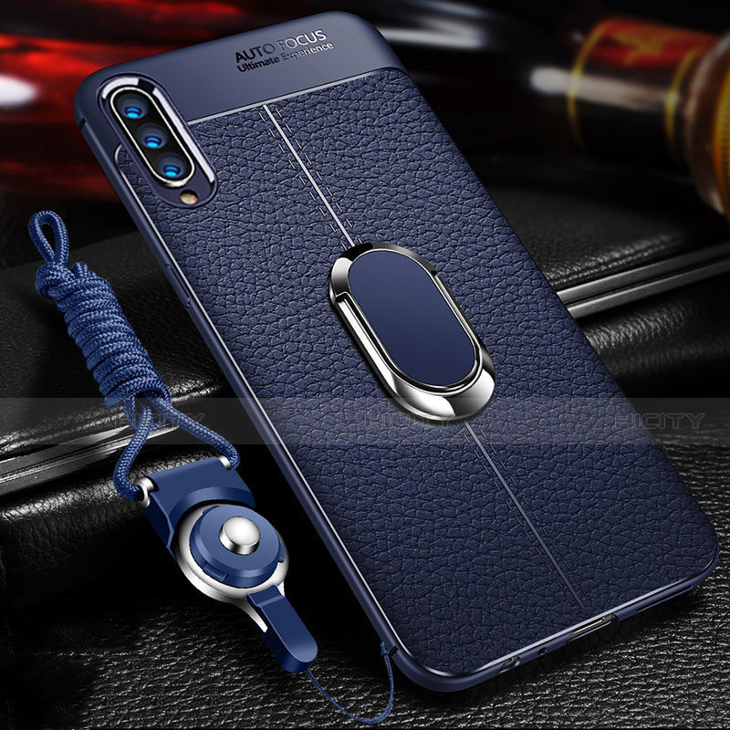 Silikon Hülle Handyhülle Gummi Schutzhülle Leder Tasche mit Magnetisch Fingerring Ständer für Samsung Galaxy A70 Blau