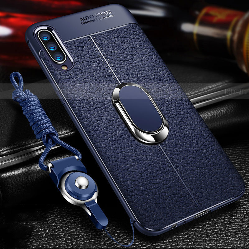 Silikon Hülle Handyhülle Gummi Schutzhülle Leder Tasche mit Magnetisch Fingerring Ständer für Samsung Galaxy A70S Blau